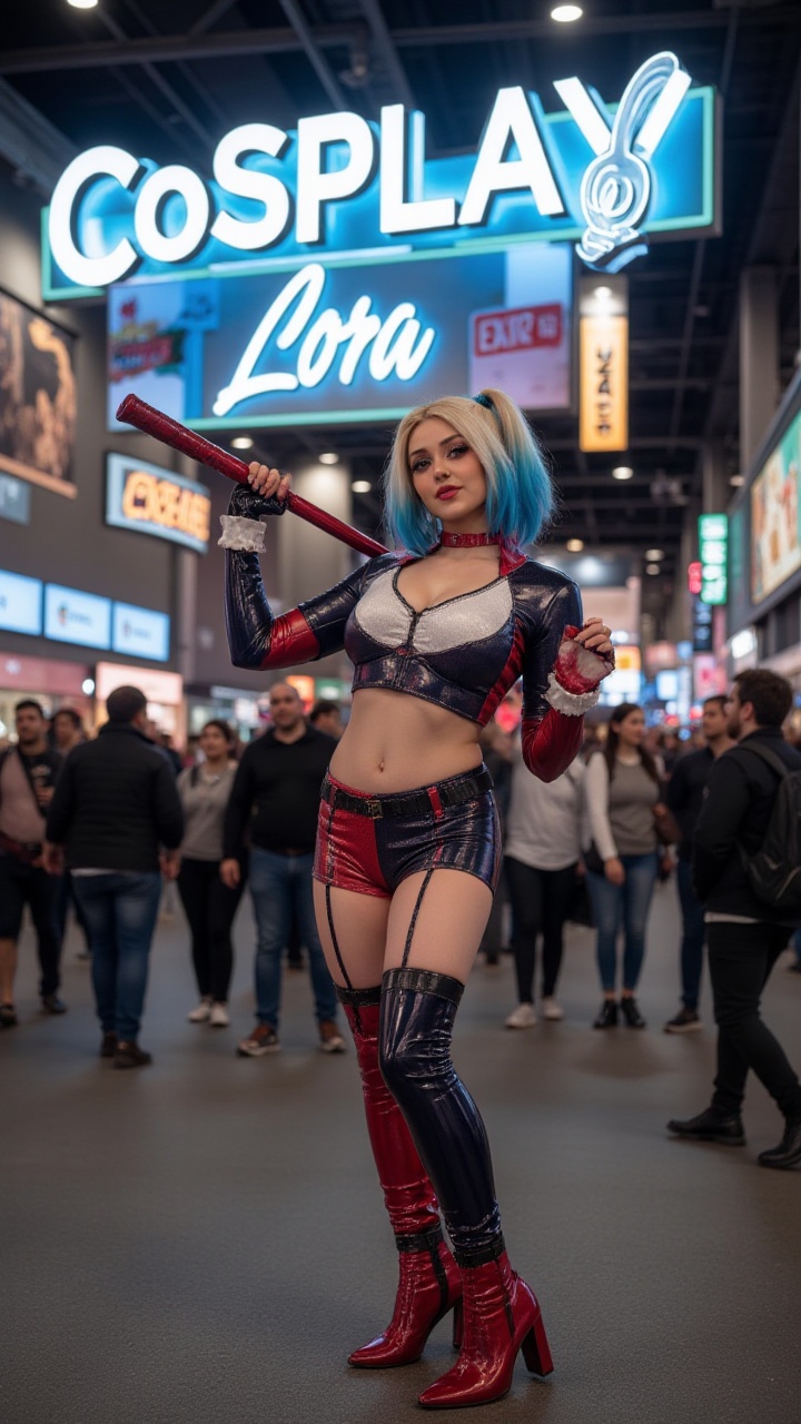 A huge sign with Text:"Cosplay Lora" and A fierce Harley Quinn swinging her glittery baseball bat at Comic Con,  with fans...