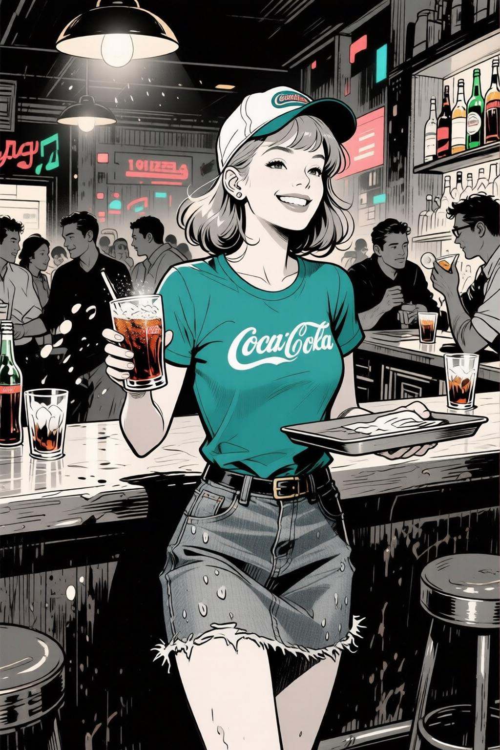 alexraymond2q illustration. Black and white drawing.The air buzzes with the energy of a busy bar,  a mix of music,  conver...