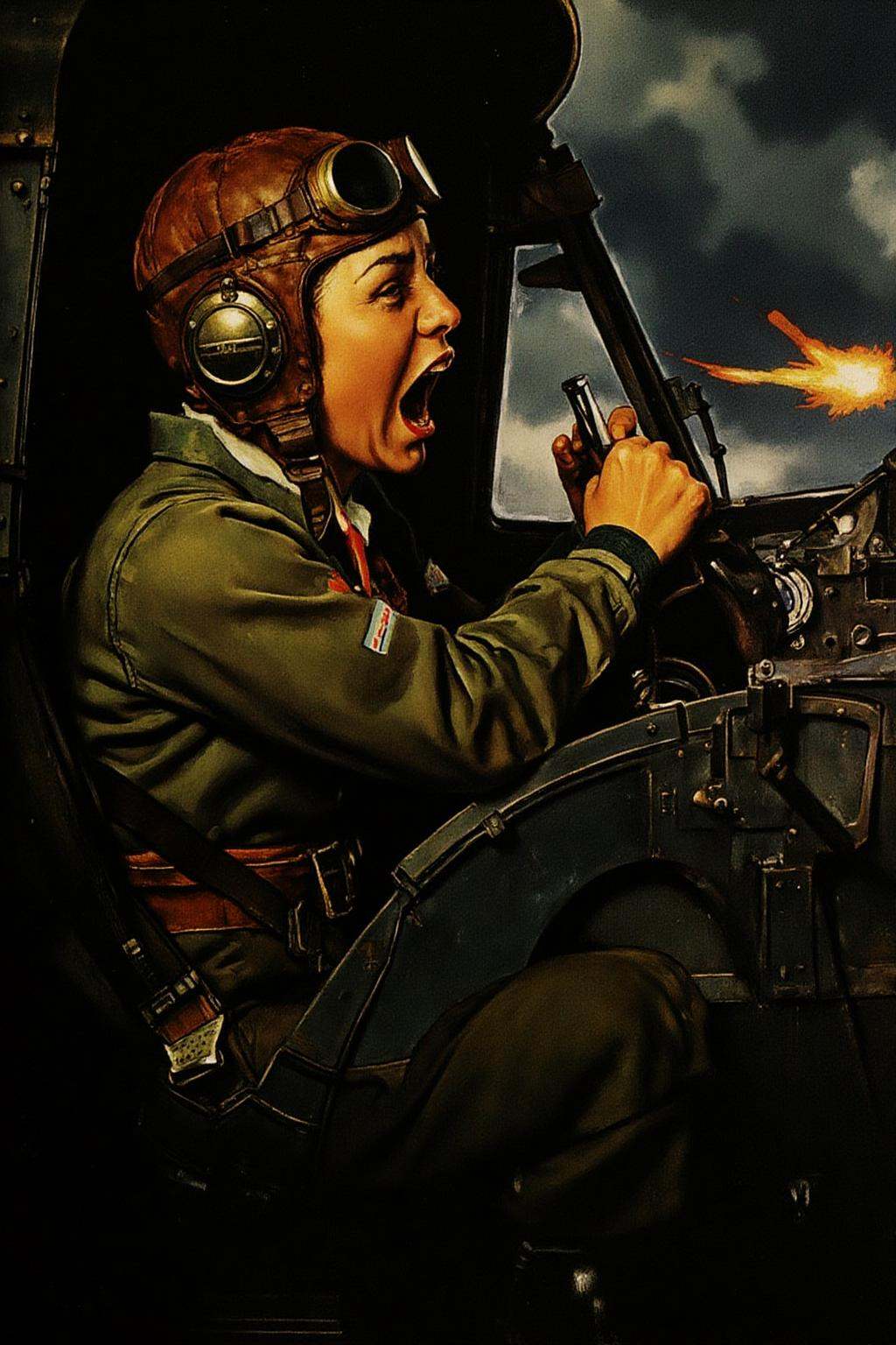 normanrockwell1 painting. A female pilot screaming inside the cockpit of a World War II bomber. The pilot,  wearing a vint...