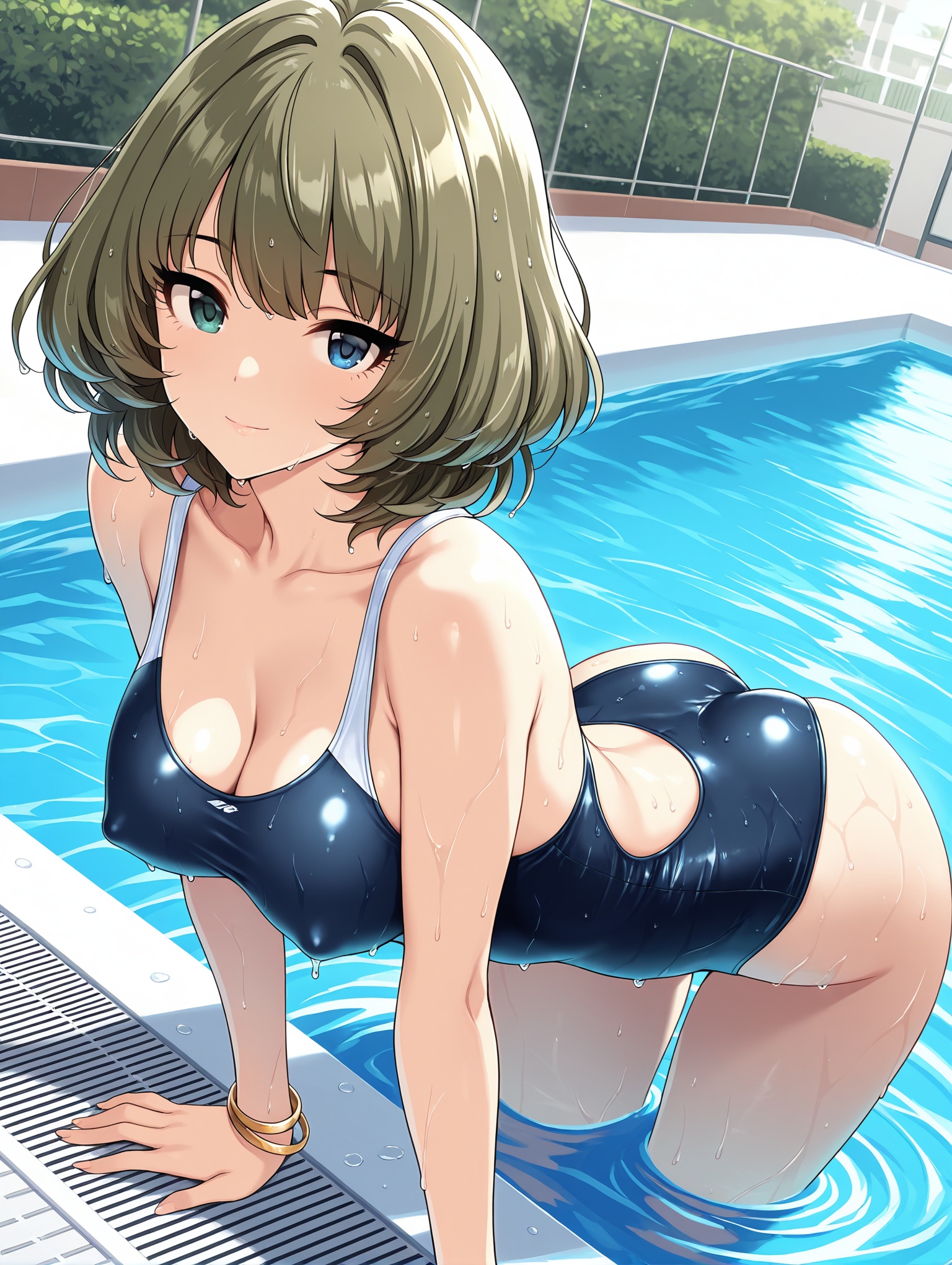 takagaki kaede,idolmaster,dutch angle, 1girl,arm support,ass,bangle,bare arms,bare shoulders,bracelet,breasts,cleavage,closed mouth,collarbone,covered nipples,day,jewelry,large breasts,leaning forward,light smile,looking at viewer,one-piece swimsuit,outdoors,pool,solo,wading,water,wet,wet hair ,partially submerged, ,masterpiece,best quality,amazing quality,