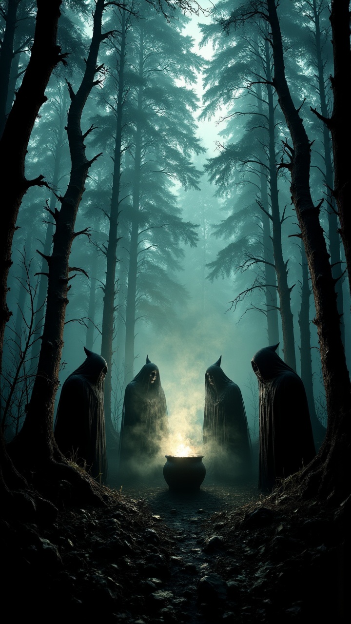 "Witches gathered around a bubbling cauldron in the heart of a haunted forest,  performing an ancient ritual to summon spi...