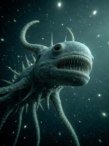 Real Horror Style,  A view into the deep abyss of the ocean,  where the water is so dark that it seems to absorb all light...