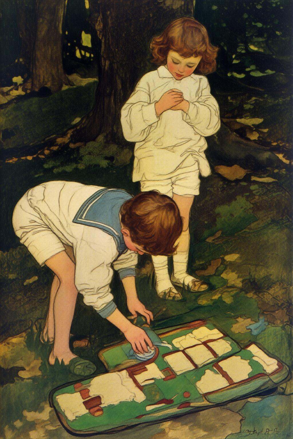 elizabethshippengreen2q illustration.Two children,  a boy and a girl,  in a forest setting. The boy on Tensor.Art