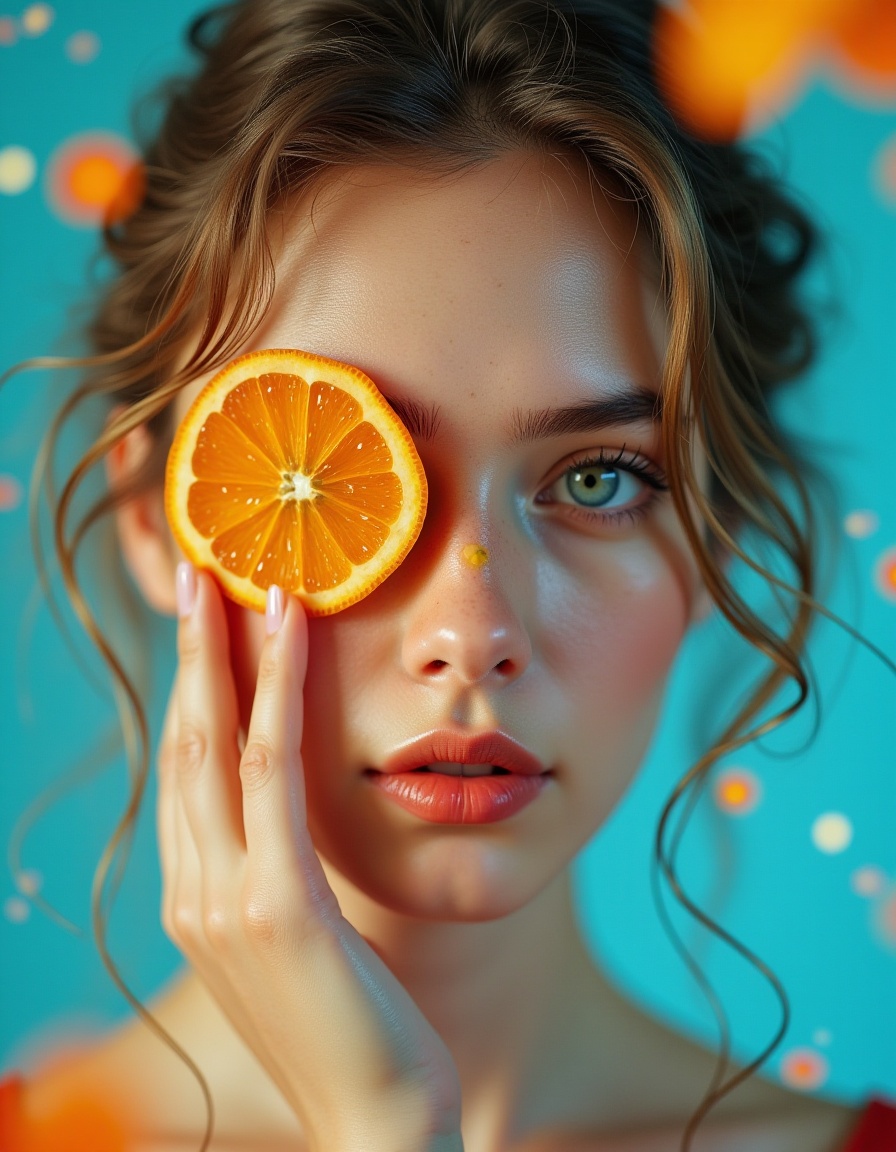 A fair-complexioned lady with colored paint on her face,  with half of a sliced orange pressed against her right cheek. He...