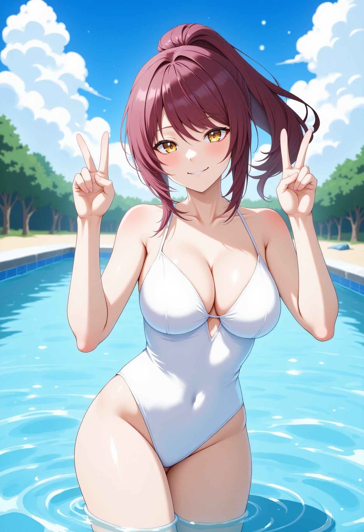 anime,  a girl in a white swimsuit,  standing in a body of water with her hand raised in a peace sign. The girl has long p...