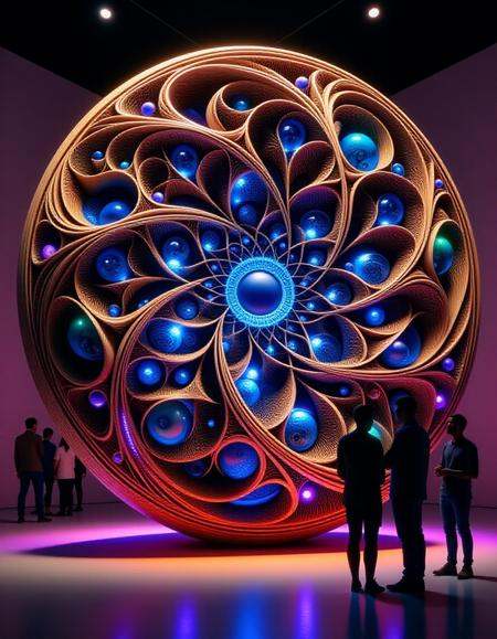 A stunning retro-style sculpture made from walnut wood with a complex fractal design, showcased in a sleek New York gallery. The smooth, mid-century curves of the walnut wood are intricately carved into repeating geometric patterns, with shimmering blue glass elements embedded throughout. The blue glass catches the gallery’s spotlight, reflecting light in vibrant, cool tones against the warm, rich walnut surface. Neon purple, green, and orange LED lights surround the sculpture, casting an ethereal glow and creating dynamic reflections off the glass and wood. Shadowy figures of gallery visitors stand nearby, their silhouettes subtly illuminated by the colorful lights as they gaze at the mesmerizing blend of retro artistry and modern materials<lora:ral-frctlgmtry_flux:0.8> ral-frctlgmtry <lora:woodfigurez:0.8> woodfigurez