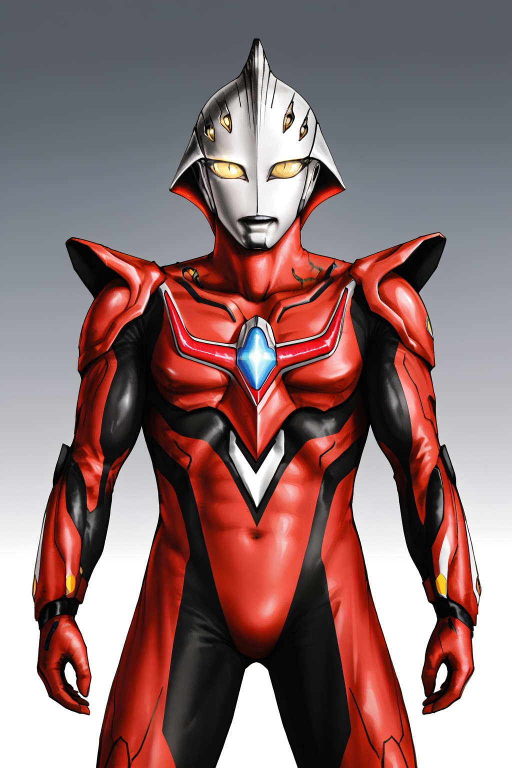 ultraman nexus, yellow eyes, solo, alien, tokusatsu, no humans, science fiction, glowing eyes, bodysuit<lora:n-pony:0.8>