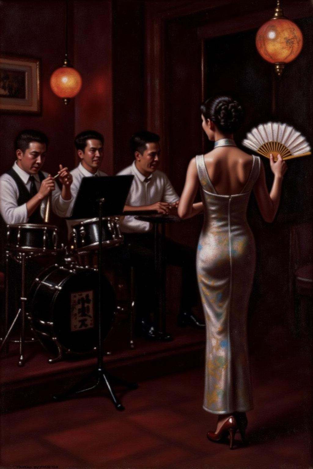 chenyifei2 painting. A scene at a nightclub in Shanghai in the 1930s. On the right,  a woman wearing a traditional cheongs...