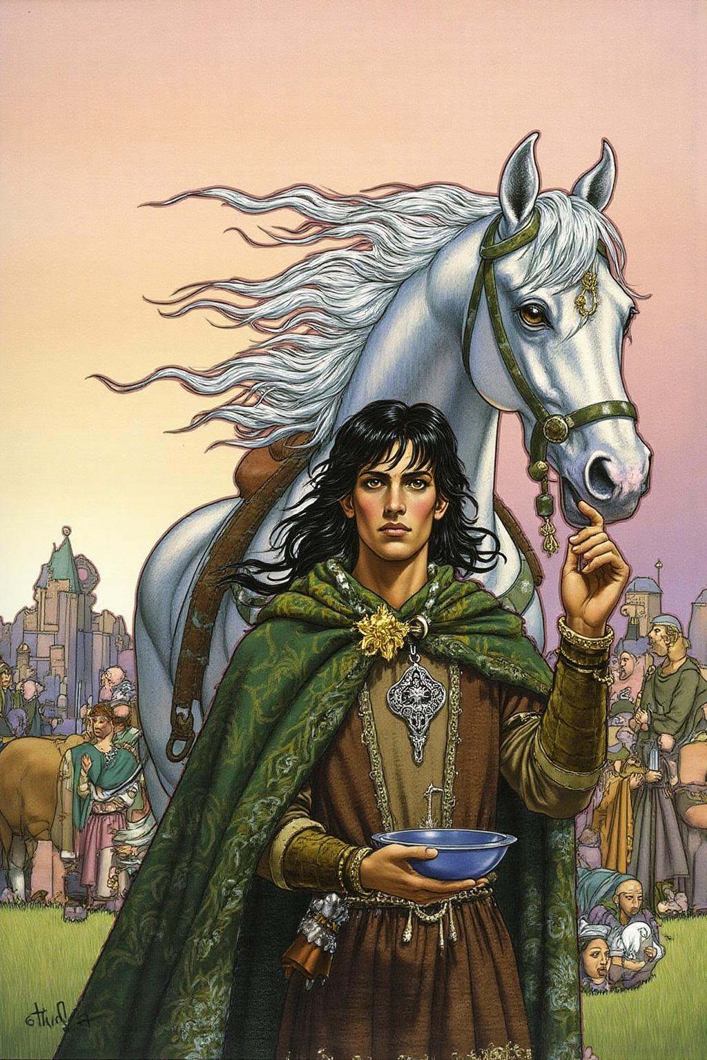 jole1 illustration.A young man leading a horse. The young man has has long,  dark hair and a serious expression,  wearing...