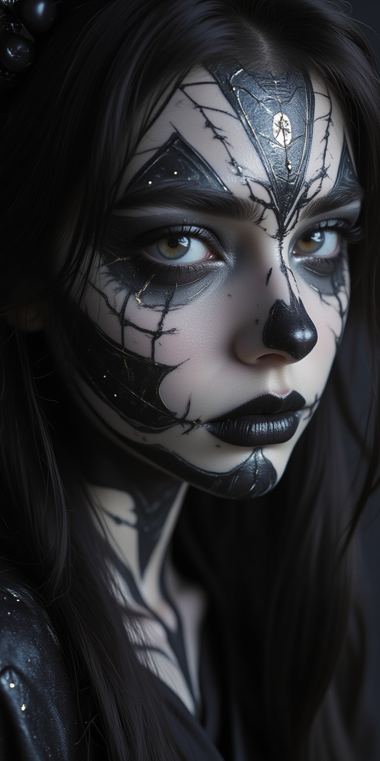 masterpiece, best quality, Halloween Face Makeup, Stylized makeup and hair design with a dramatic, Striking Gothic Makeup with Black and White Face Art, Stylized makeup with dramatic spider web and eye designs