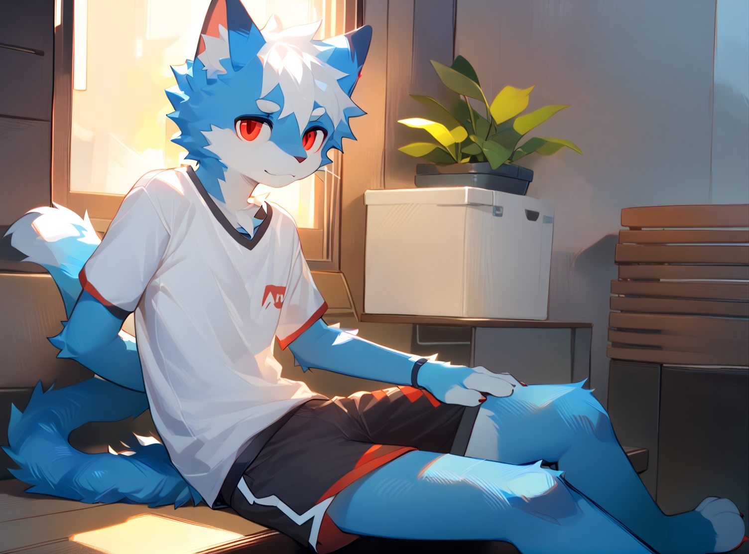 solo,male_focus,furry, (white_hair,red_eyes),(blue fur,cat_ears), body_fur,white_fur,t-shirt,shorts, BREAK, portrait,sitting,on_side, (masterpiece, best quality:1.1),body fur,<lora:indigoVoidFurryFused_v29:0.1>,