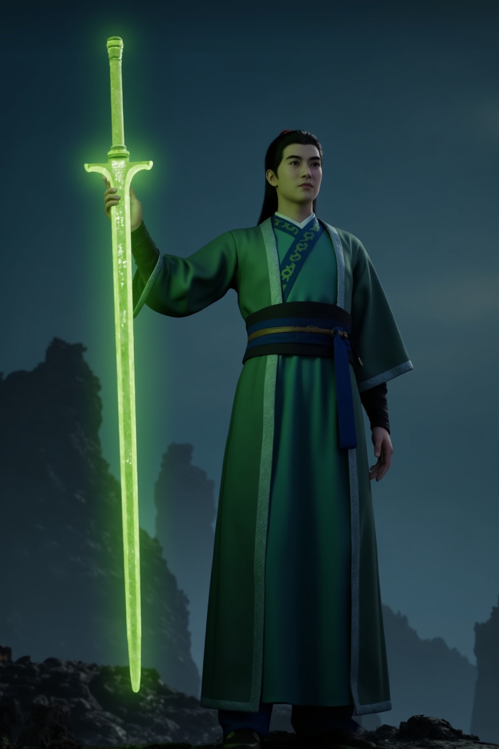 1boy,He had a green sword in his hand,hanfu,