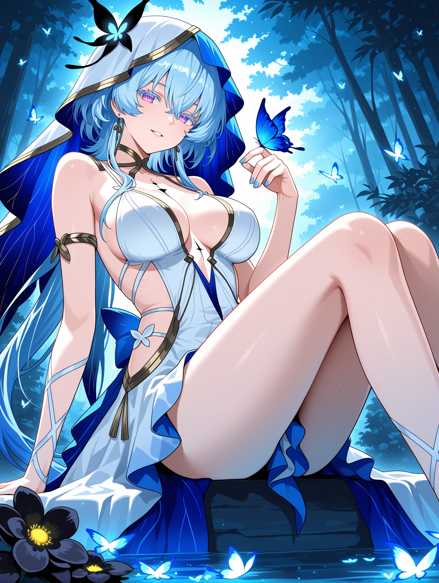 1girl,wuthering waves,shorekeeper \(wuthering waves\),armlet,black flower,blake bloom \(wuthering waves\),blue butterfly,blue hair,blue nails,blue theme,blue veil,breasts,bug,butterfly,butterfly on hand,colored eyelashes,dress,flower,hair between eyes,hand up,jewelry,large breasts,legs together,nail polish,outstretched legs,parted lips,purple eyes,sitting,sleeveless,sleeveless dress,solo,two-tone veil,veil,white dress,white veil,looking at viewer,bare shoulders,outdoors,very long hair,thighs,butterfly on shoulder,tacet mark \(wuthering waves\),blue flower,smile,long hair,earrings,feet out of frame,masterpiece,best quality,amazing quality,