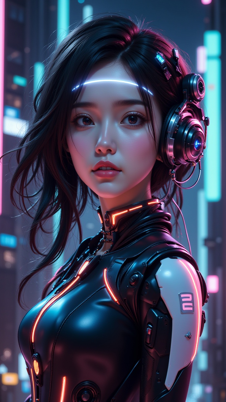 (masterpiece, best quality:1.2),1girl,black hair,glowing,headphones,lips,long hair,necklace,parted lips,realistic,A VR **** luminous screen on the forehead,Looking at the camera,Helmets and earphones with super complex structures,Integrated mechanical helmet earphones,solo,Oblique side close-up,Robot arm,upper body,Luminous earphones,Mechanical earphones,Mechanical helmet,Glowing Helmet,night,Urban background, neon lights, skyscrapers