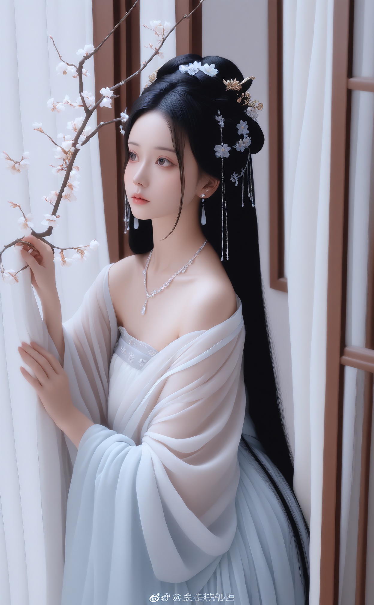 masterpiece,best quality,high quality,normal quality,1girl,upper body,solo,Off Shoulder,hanfu,dress,curtains,jewelry,long hair,black hair,white dress,earrings,looking to the side,branch,expressionless,flower,closed mouth,hair ornament,window,necklace,realistic,weibo logo,windowsill,