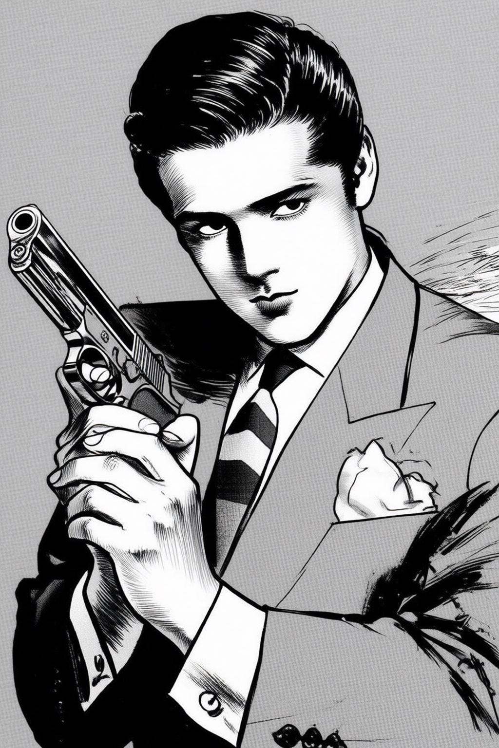 ryoichiikegami2q illustration. Black and white drawing.The subject is a man with slicked-back,  dark hair styled in the 19...