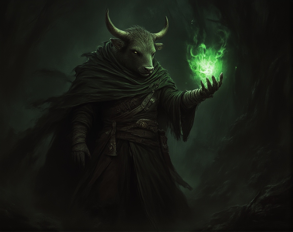 anthr0dnd,  A detailed digital painting depicts a powerful,  anthropomorphic ox wizard in a dark on Tensor.Art