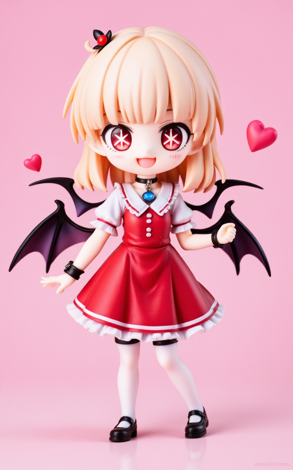 pvcstyle,1girl,full body, choker, heart-shaped pupils, heart, chibi, fangs, blunt bangs, black footwear, thighhighs, red eyes, pointy ears, white thighhighs, standing, short sleeves, vampire, black choker, teeth, solo, jewelry, wings, looking at viewer, frills, frilled sleeves, red dress, brooch, dress, smile, simple background, shoes, bat wings, symbol-shaped pupils,masterpiece, newest, absurdres, safe<lora:pvcstyle:1>​​​