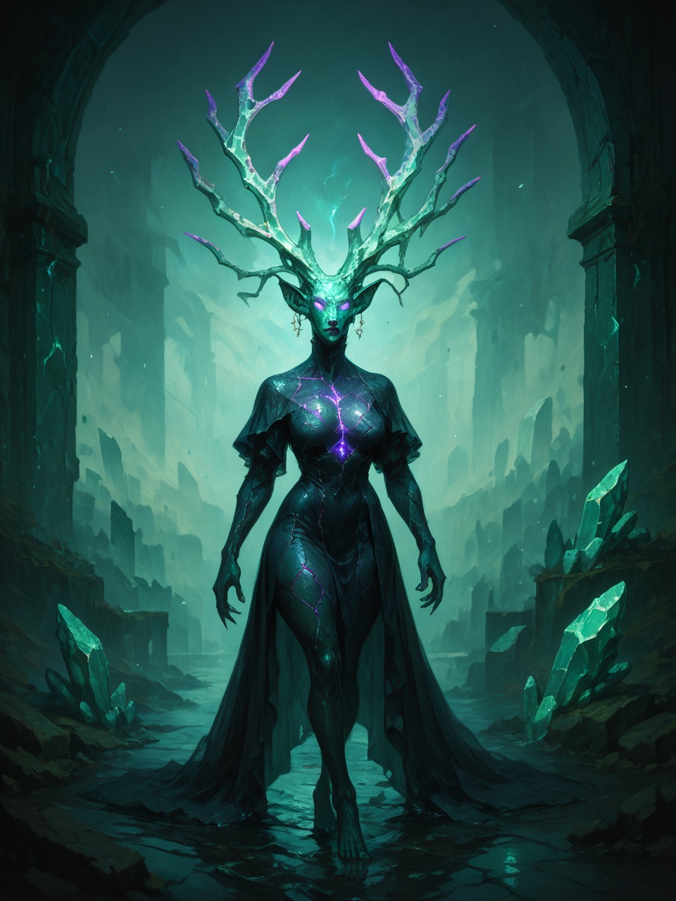surreal image of a lone woman in a dark dress walking across a green crystal bridge suspended over a void,  glowing purple...