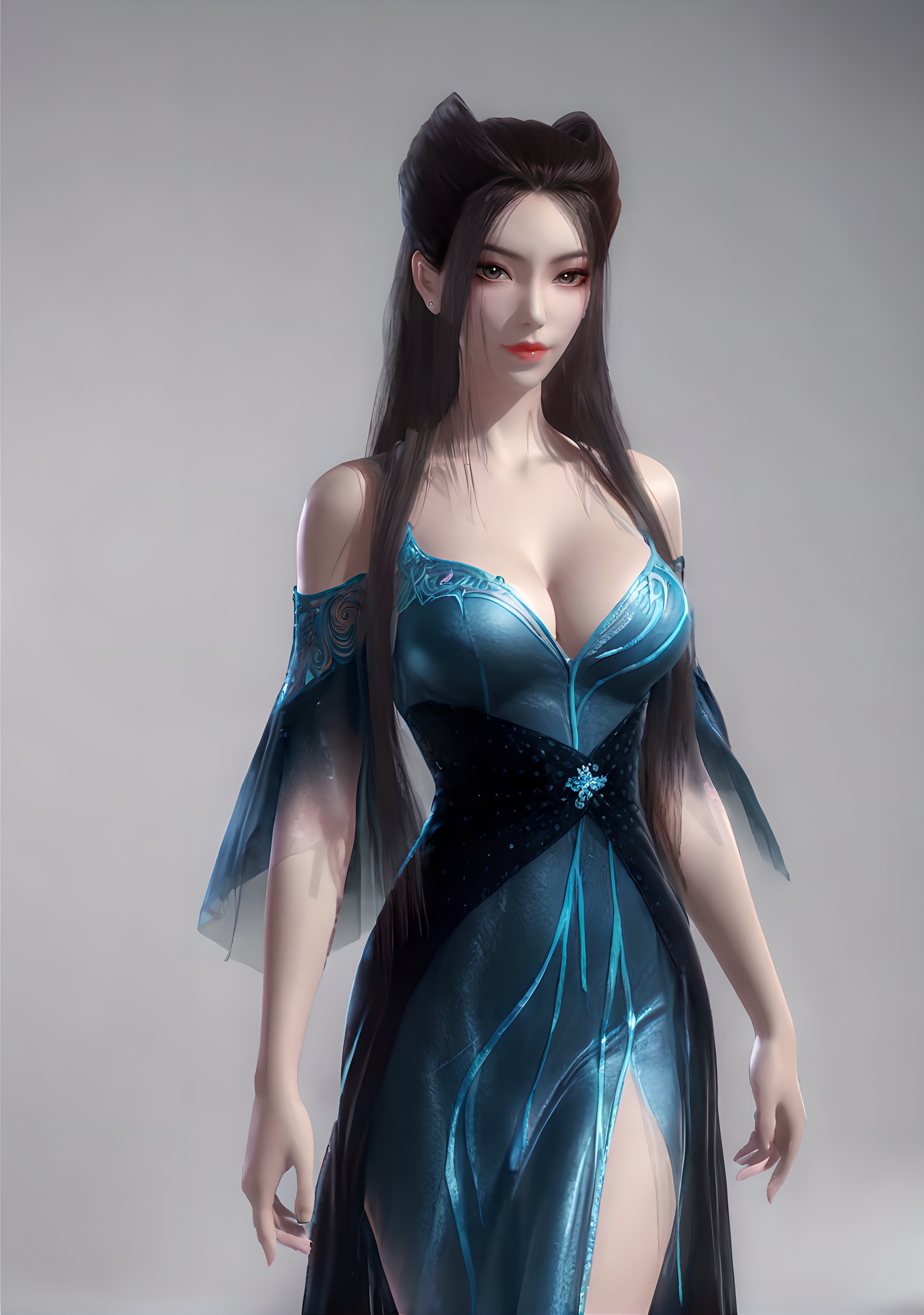 score_9,score_8_up,score_7_up,<lora:SF_YanLingJiBlueCothes_Pony-000005:0.7>,1girl,solo,standing,dress,breasts,large breasts,highleg,red lips,jewelry,looking at viewer,white background,