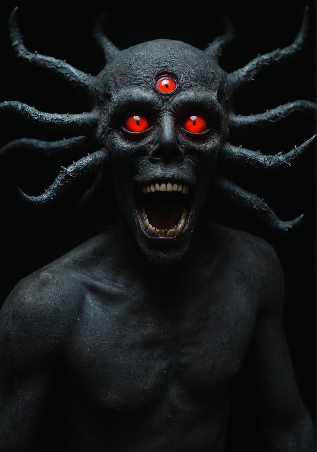 (monster) a humanoid monster with more eyes in a completely dark place with a red gaze on Tensor.Art