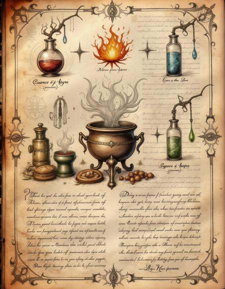 spllbkpg,  An alchemists observation page showing the effects of combining fire and water essences,  with a sketched cauld...