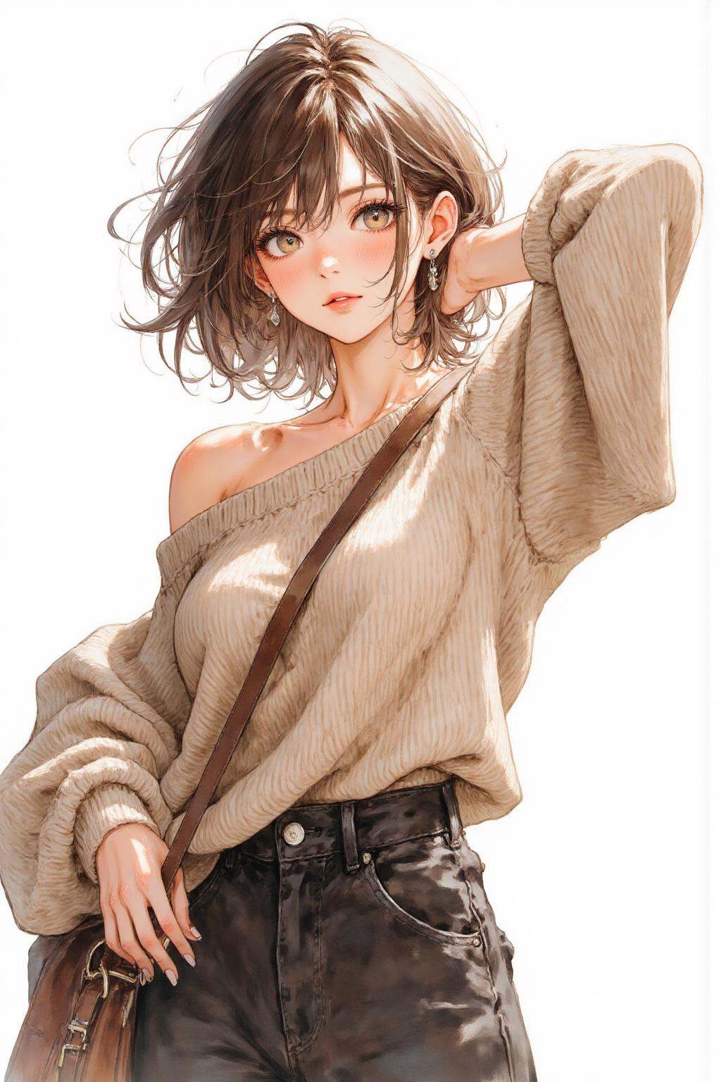 nijiwatercolor2 anime illustration.A young woman with short,  wavy brown hair. She is wearing a loose-fitting,  off-should...