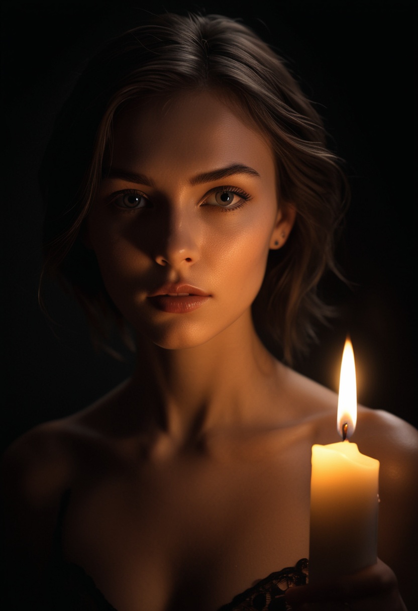 A striking portrait photo of a seductive woman illuminated solely by candlelight against pure darkness. The single flame c...