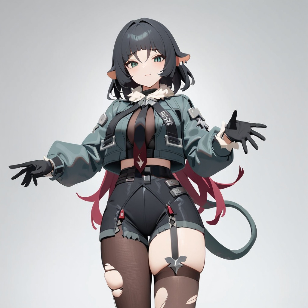 1girl,jane_doe_(zenless_zone_zero),animal_ears,tail,jacket,animal_ears,torn_clothes,black_gloves,single_thighhigh,pantyhose,long_sleeves,necktie,single_leg_pantyhose,thighs,shorts,skirt,garter_straps,asymmetrical_legwear,black_skirt,torn_thighhighs,animal_ears,