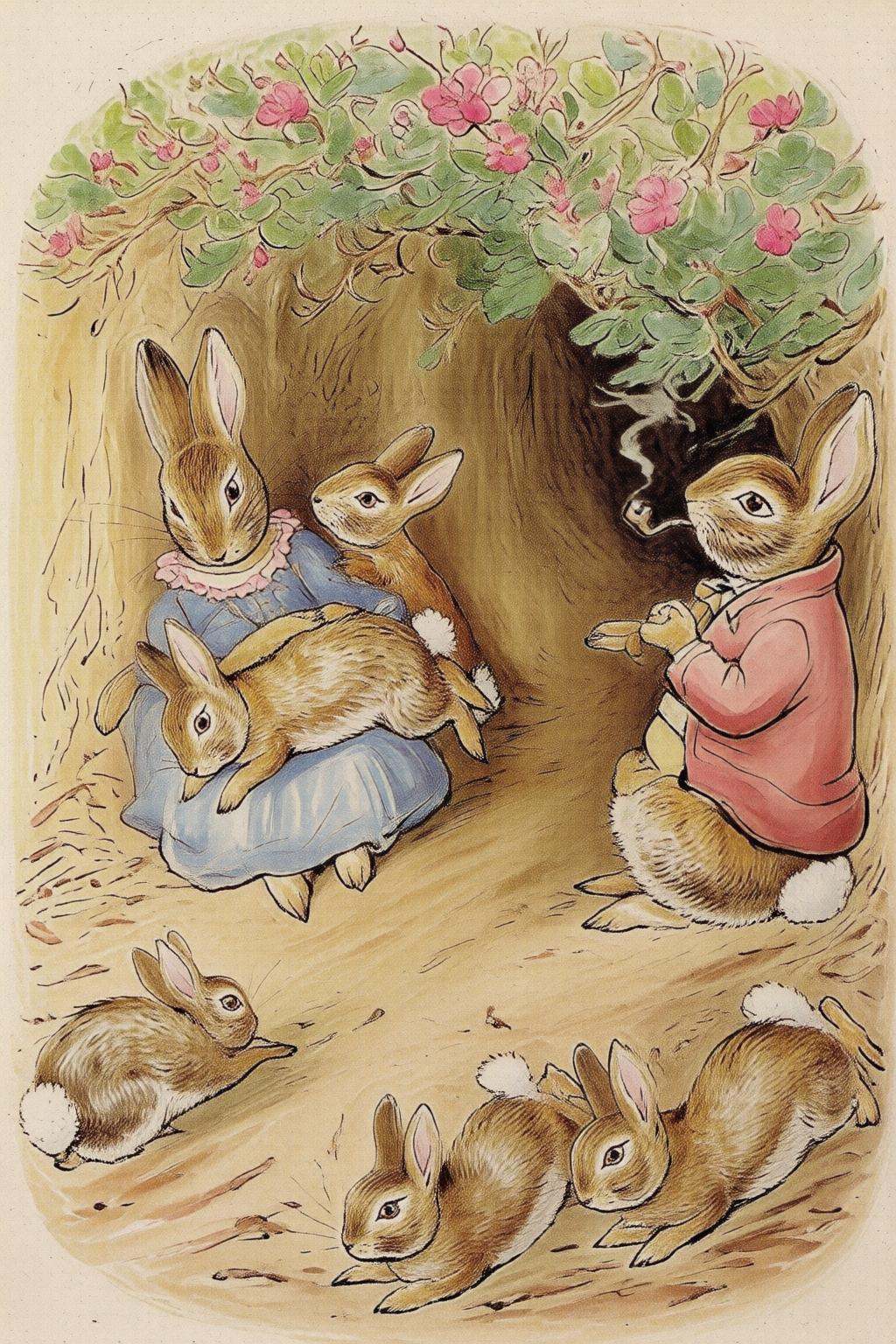beatrixpotter2q illustration.Two anthropomorphic ***** rabbits and their children are playing outside their rabbit hole. O...
