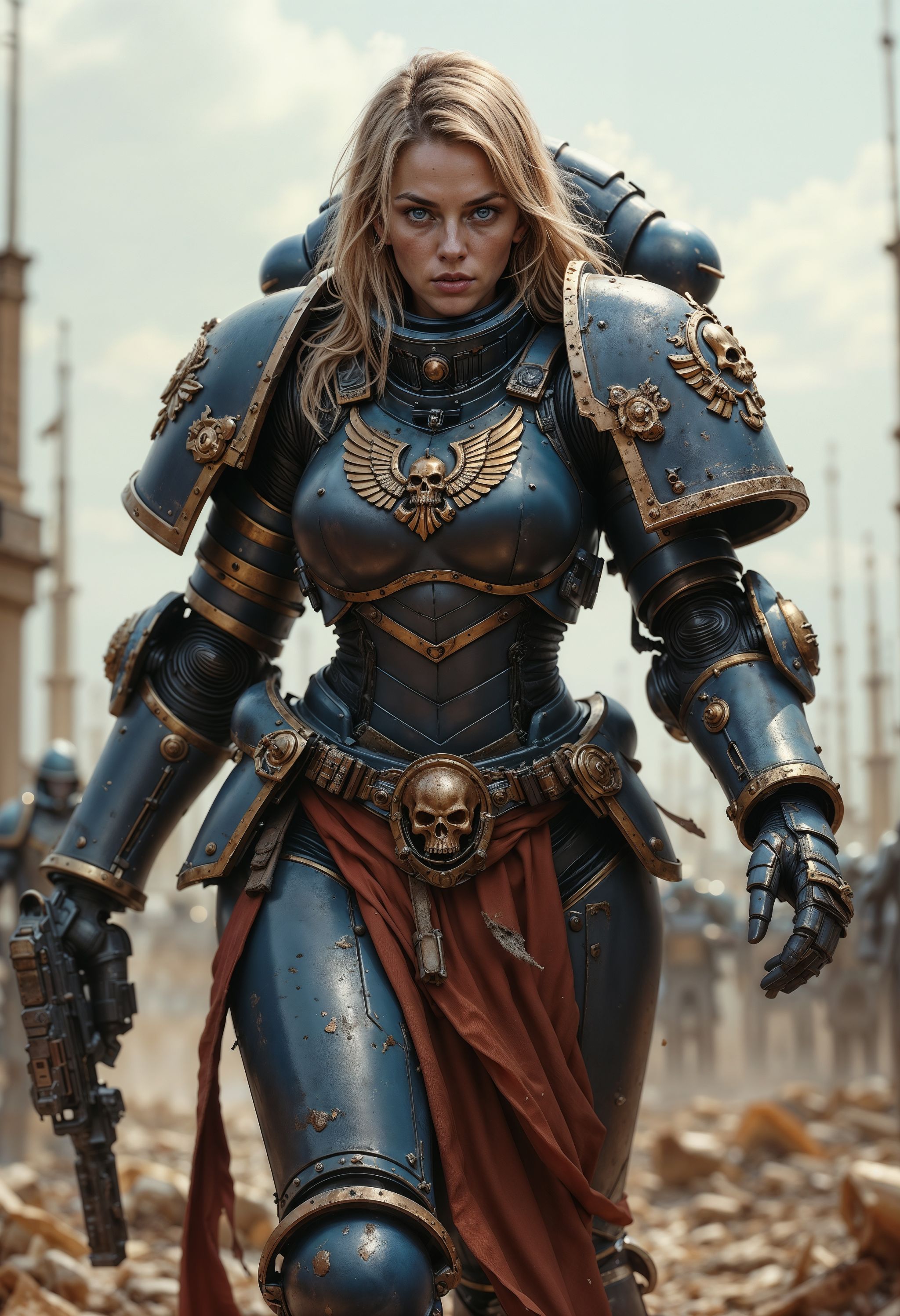 ultra realistic woman wearing UltraM40k armor walking in a battlefield on Tensor.Art