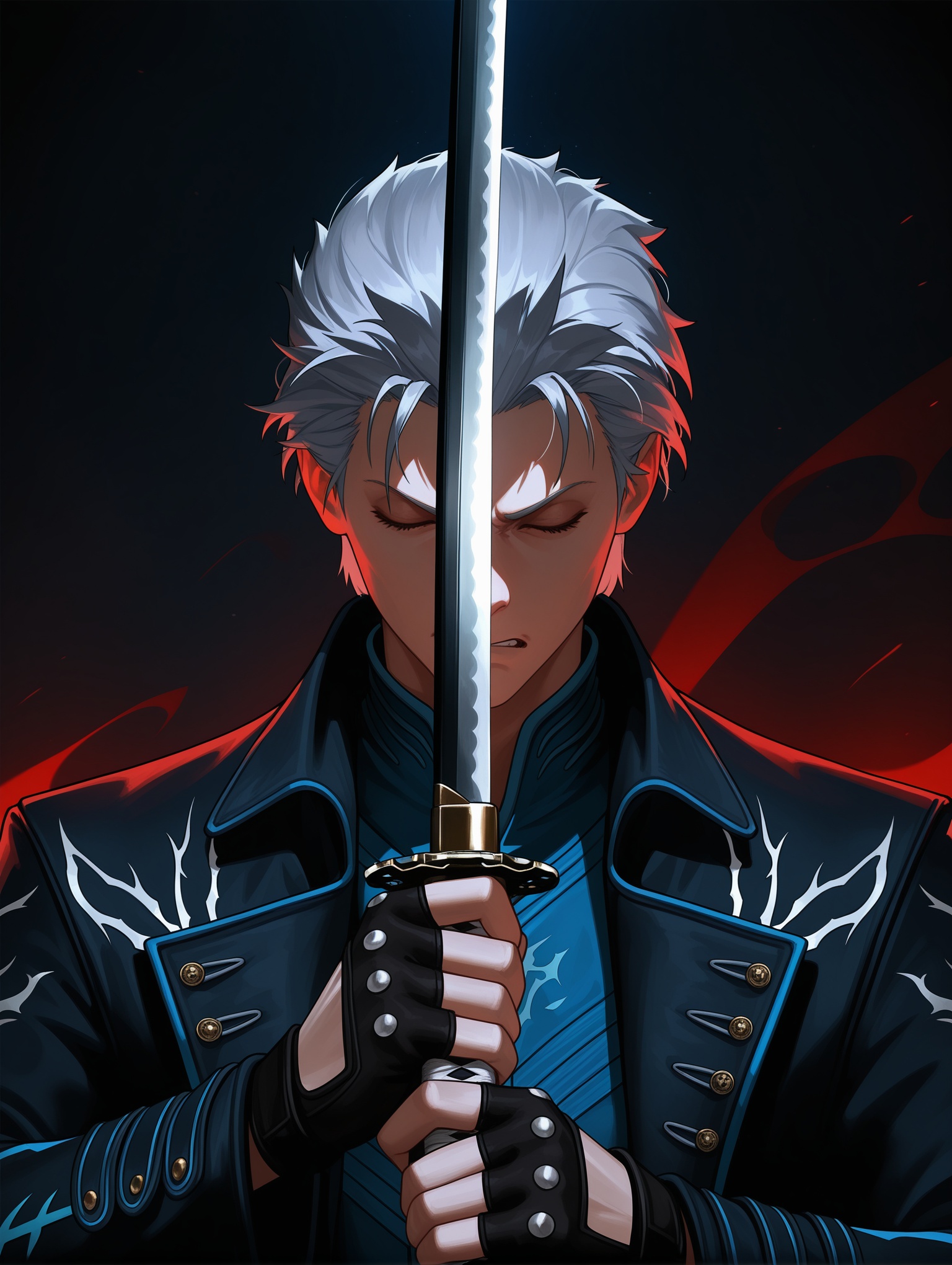 upper body, night, dim light, dark, epic, Vergil, Vergil Devil May Cry, Devil May Cry Game, epic poster, close up view, holding katana, white katana handle, grey hair, black coat, fingerless gloves, dramatic, super dramatic, dark background, POWER, realistic, angry, 1male, eyes closed, blue, blade near face, masculine face, holding sword, sword sheath,masterpiece,best quality,amazing quality,