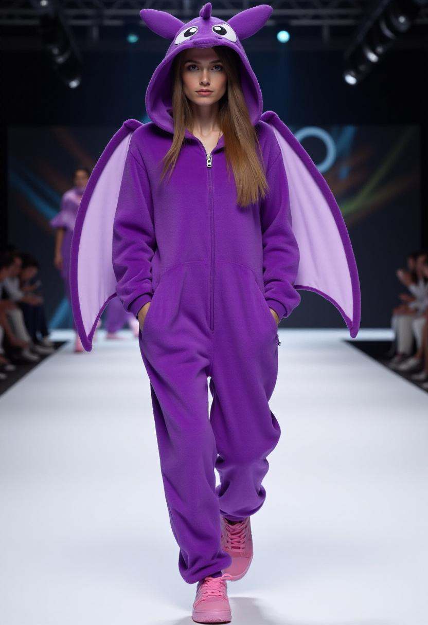 Photograph featuring a woman wearing a purple onesie with a hood and wings on the back designed to resemble a dragon,  wal...