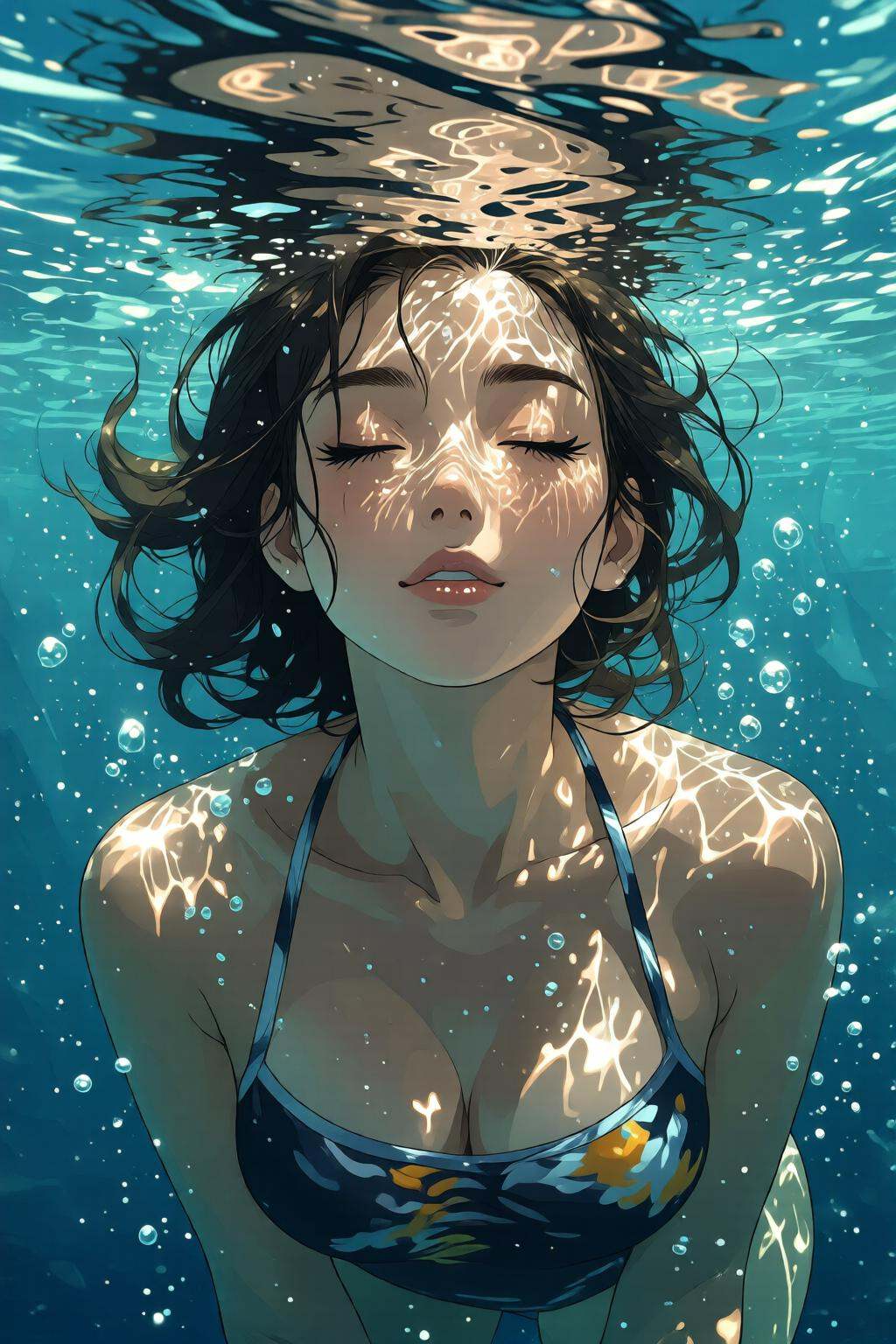 nijidigital3q anime illustration.A serene and artistic underwater scene featuring a woman partially submerged in water. Sh...