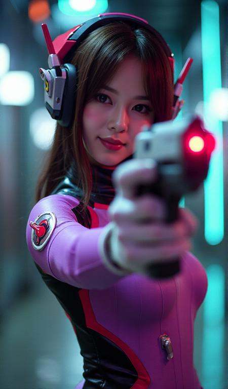 Portrait of Dva. She wears a science fiction body suit and is aiming a lasergun to the viewer,  cute smile,  in a cyberpun...
