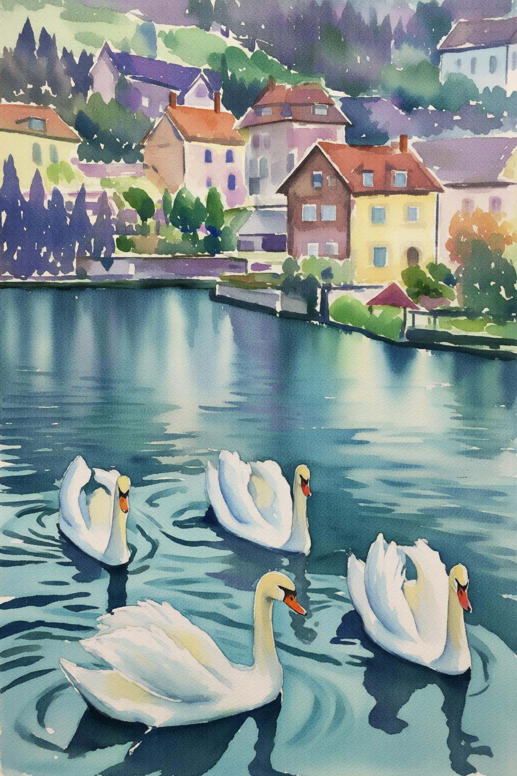 watercolorbasic2q watercolor painting.A tranquil lake with four swans gliding across the water. There are houses on the sh...