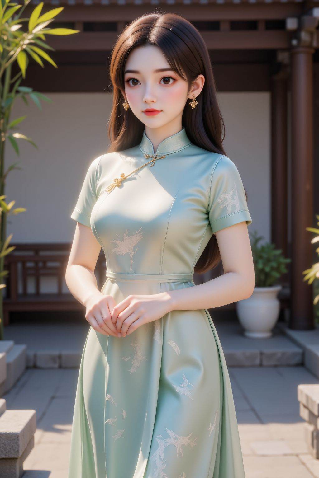 cheongsam,  This is a high-resolution photograph featuring a young Asian woman standing outdoors in a serene,  sunlit sett...