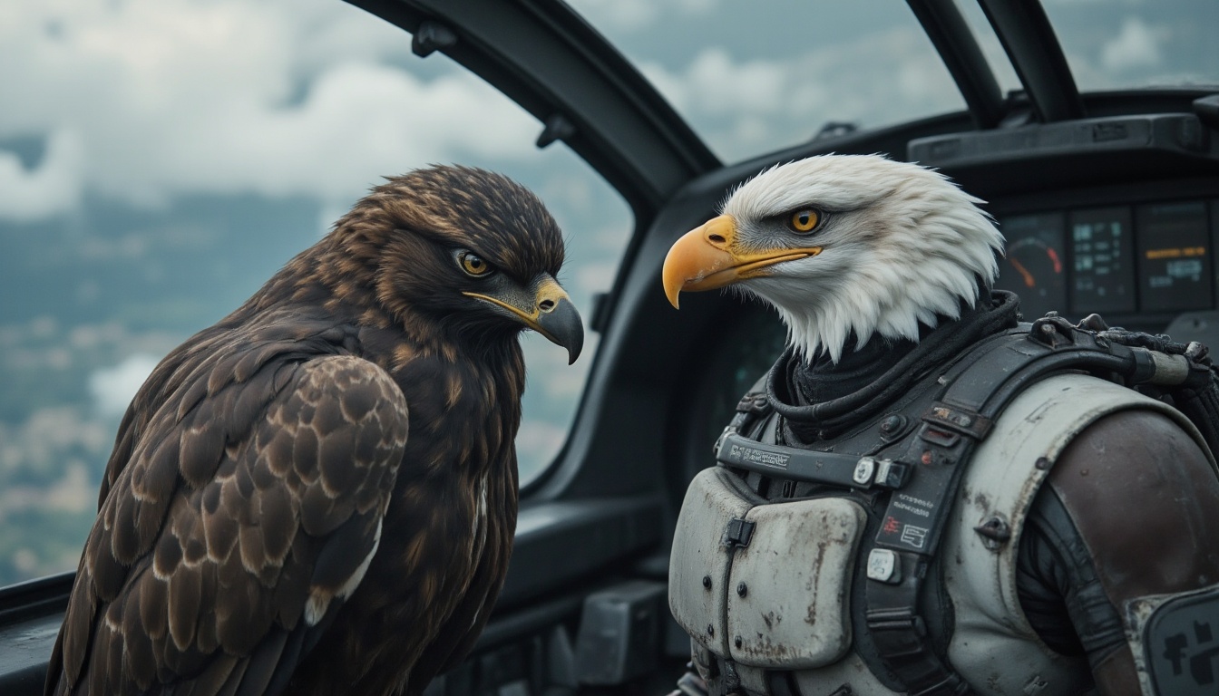 polishF16 fighter falcon on the left,  bald eagle on the right on Tensor.Art