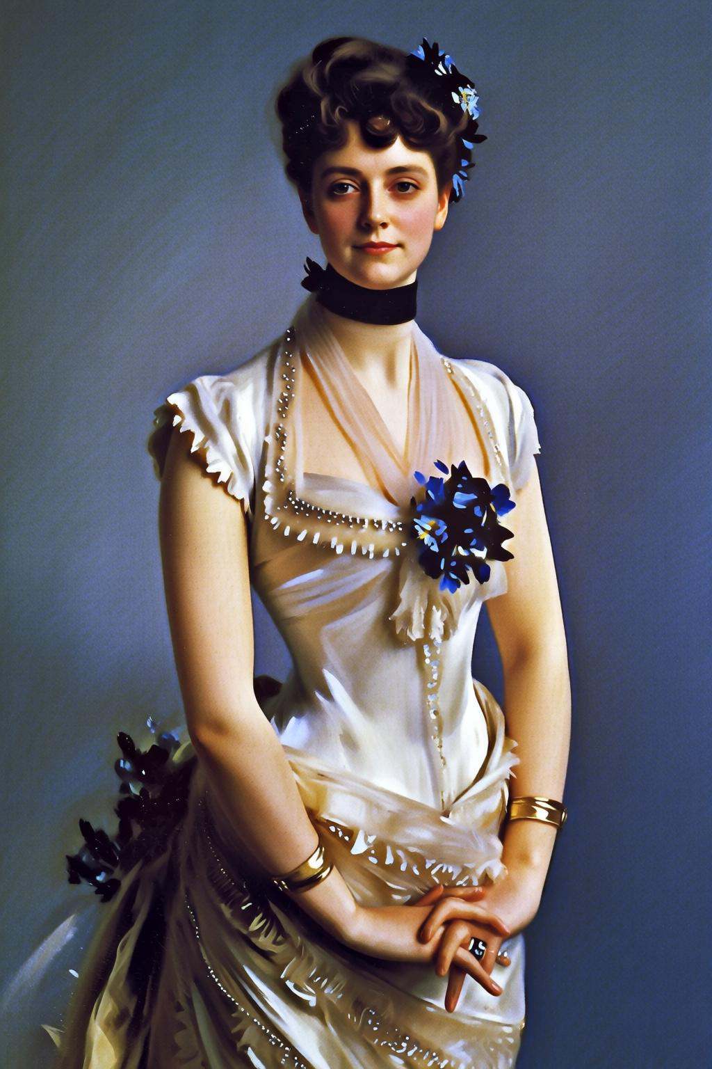 johnsingersargent6q painting.A woman in a white gown with intricate lace detailing and embellishments,  including a brooch...