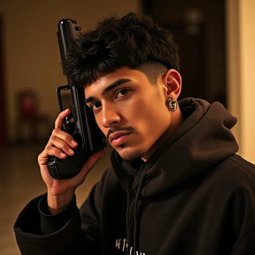 Edgar type guy posing with gun,  aesthetic,  thug vibe Latino man on Tensor.Art