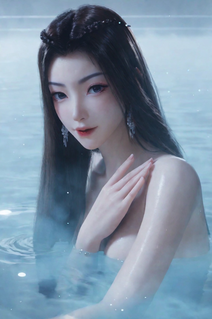 score_9,score_8_up,score_7_up,incredibly absurdres,<lora:SF_YuanYao_Pony-000004:0.7>,1girl,solo,bathing,water,partially submerged,breasts,naughty_face,red lips,jewelry,earring,long hair,looking at viewer,white background,chest underwater,