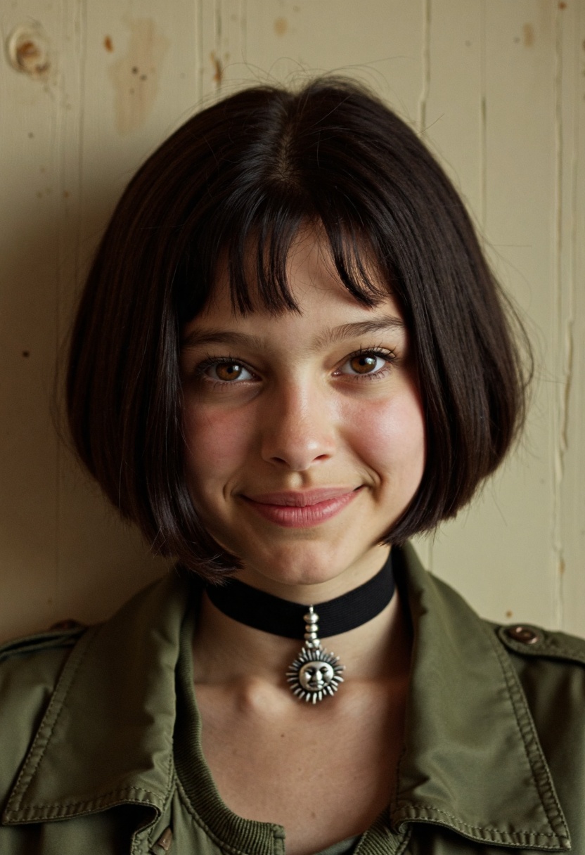 A vivid and emotionally evocative portrait of Mathilda,  a young woman with striking features and a composed demeanor,  se...
