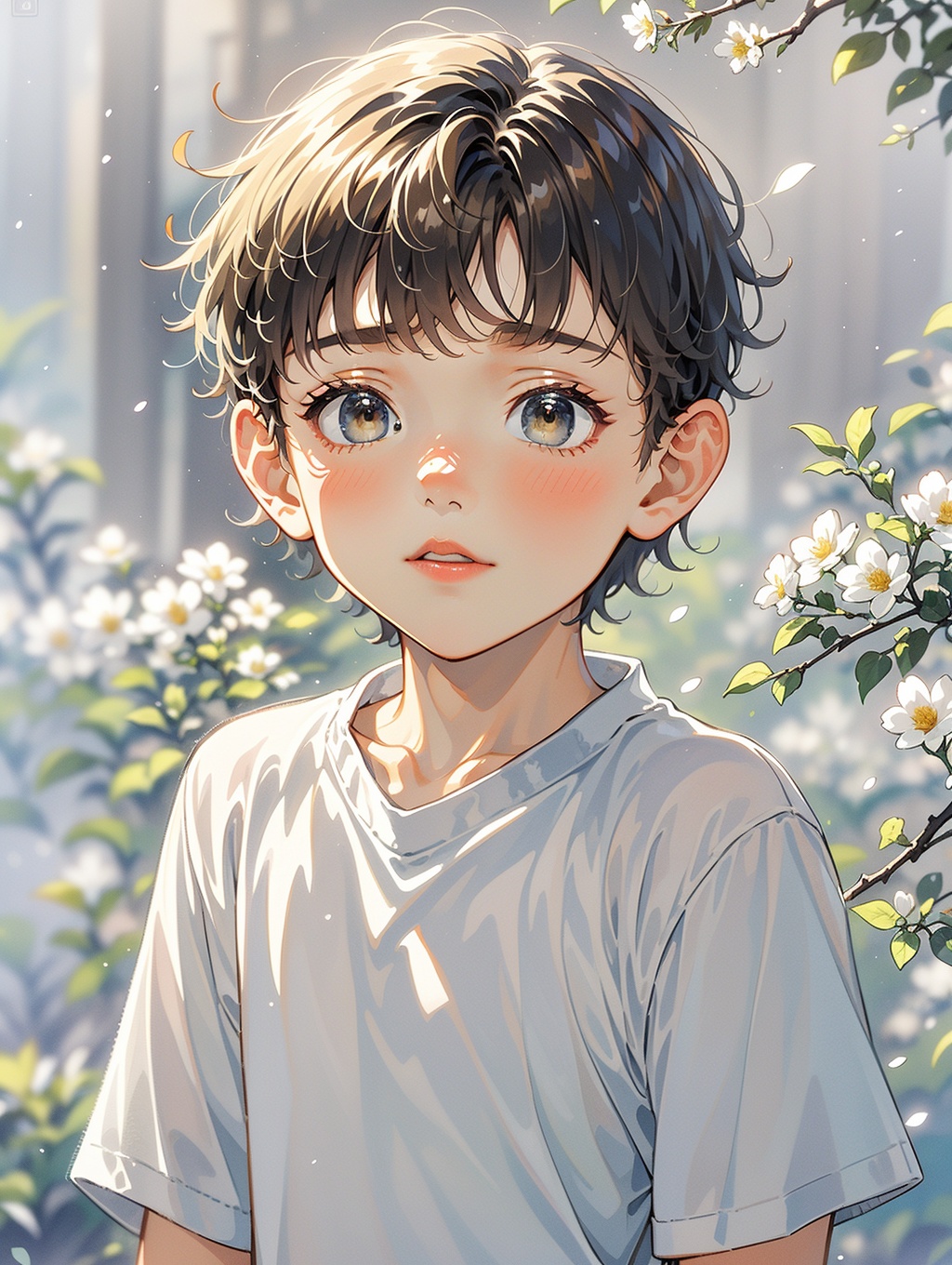 solo, male focus, 1boy, shirt, white shirt, brown eyes, looking at viewer, flower, upper body, short sleeves, pocket, short hair, blush, closed mouth, leaf, brown hair, breast pocket, white flower, bangs, outdoors, black hair, t-shirt, male child