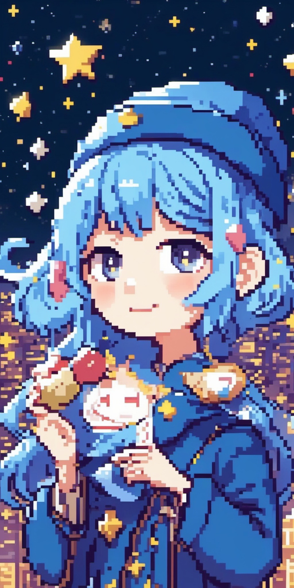 pixel style,  A Q version of cute blue-haired girl,  bust on Tensor.Art