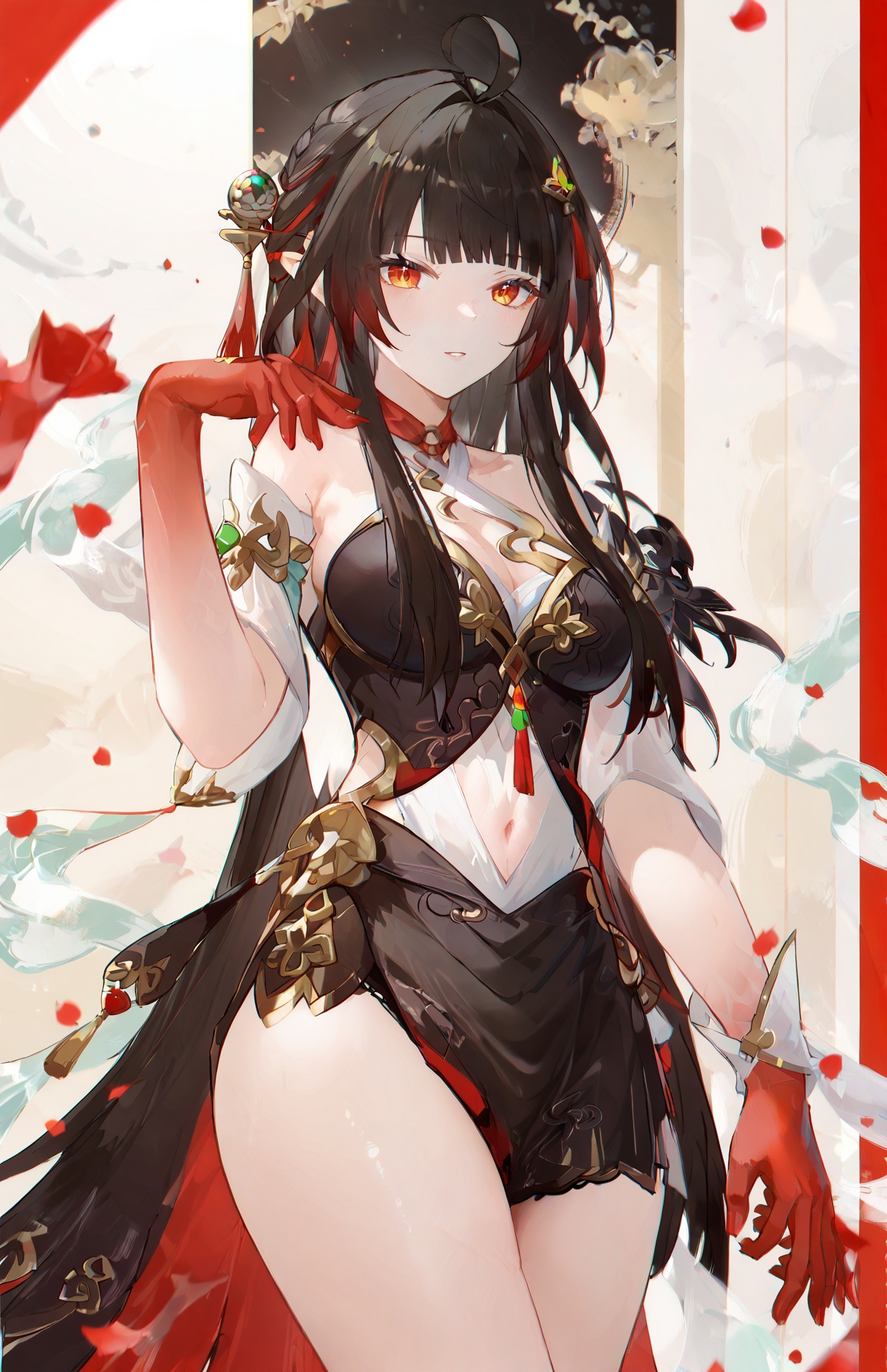 score_9, score_8_up, score_7_up, score_anime, BREAKlingsha, default clothes, red hands, red feet, 1girl, long hair, black hair, breasts, ahoge, cowboy shot, BREAKTEST, <lora:lingsha-pony-Tanger-000018:0.8>, masterpiece, best quality,  <lora:AGMXL_P6_lokr_V53P1:0.8>, 
