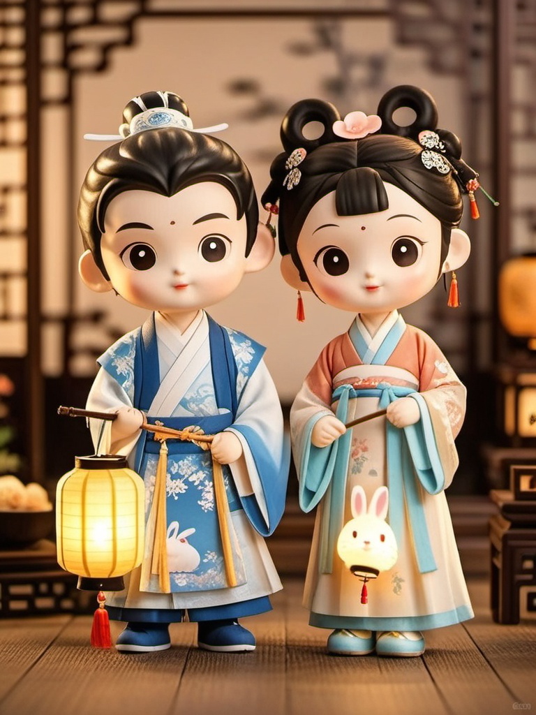 manghe,c4d, A pair of super cute, doll-like figures in traditional Chinese getup, rocking those intricate blue and white robes with floral patterns. The dude's got his hair up in a bun and holds a lantern, while the lady's hair is styled in a fancy bun with flowers. Both are grinning, and there's a cheeky little bunny tucked into the lady's robe. Behind them, there's a warm, dimly lit room with wooden furniture and some fancy Chinese screens. The whole scene's got this soft, cozy vibe, with a touch of old-school charm.,<lora:manghe_v1-000010:0.8>