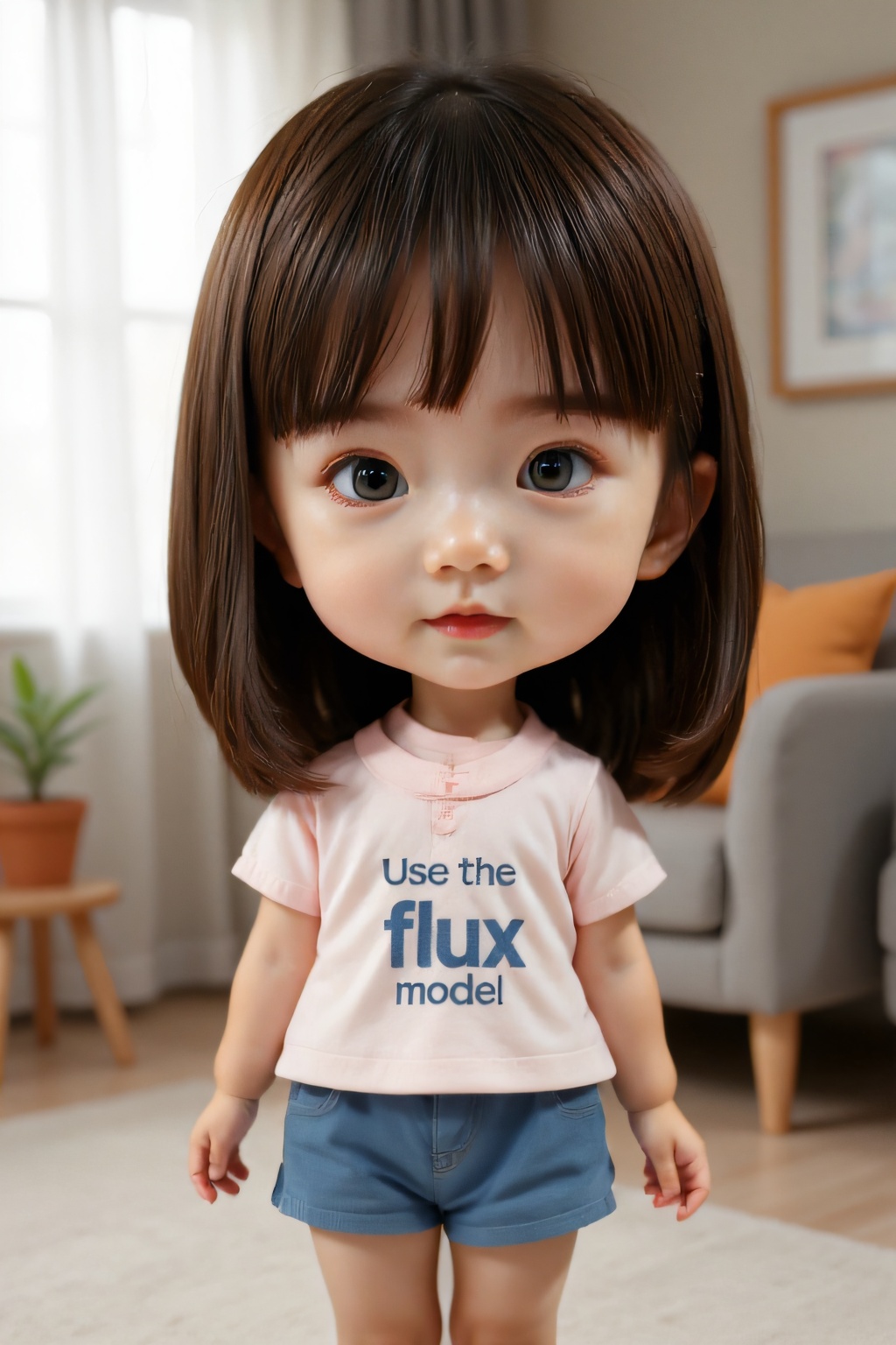 <lora:AgainF1ChibiLora:1>,girl,chibi,full body,indoors,the girl is wearing shirt with the words"Use the flux model"