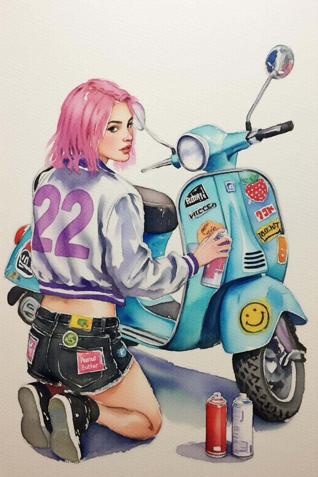 watercolorbasic2q watercolor painting.Backview of a young woman with pink hair,  wearing a light-colored jacket with a lar...