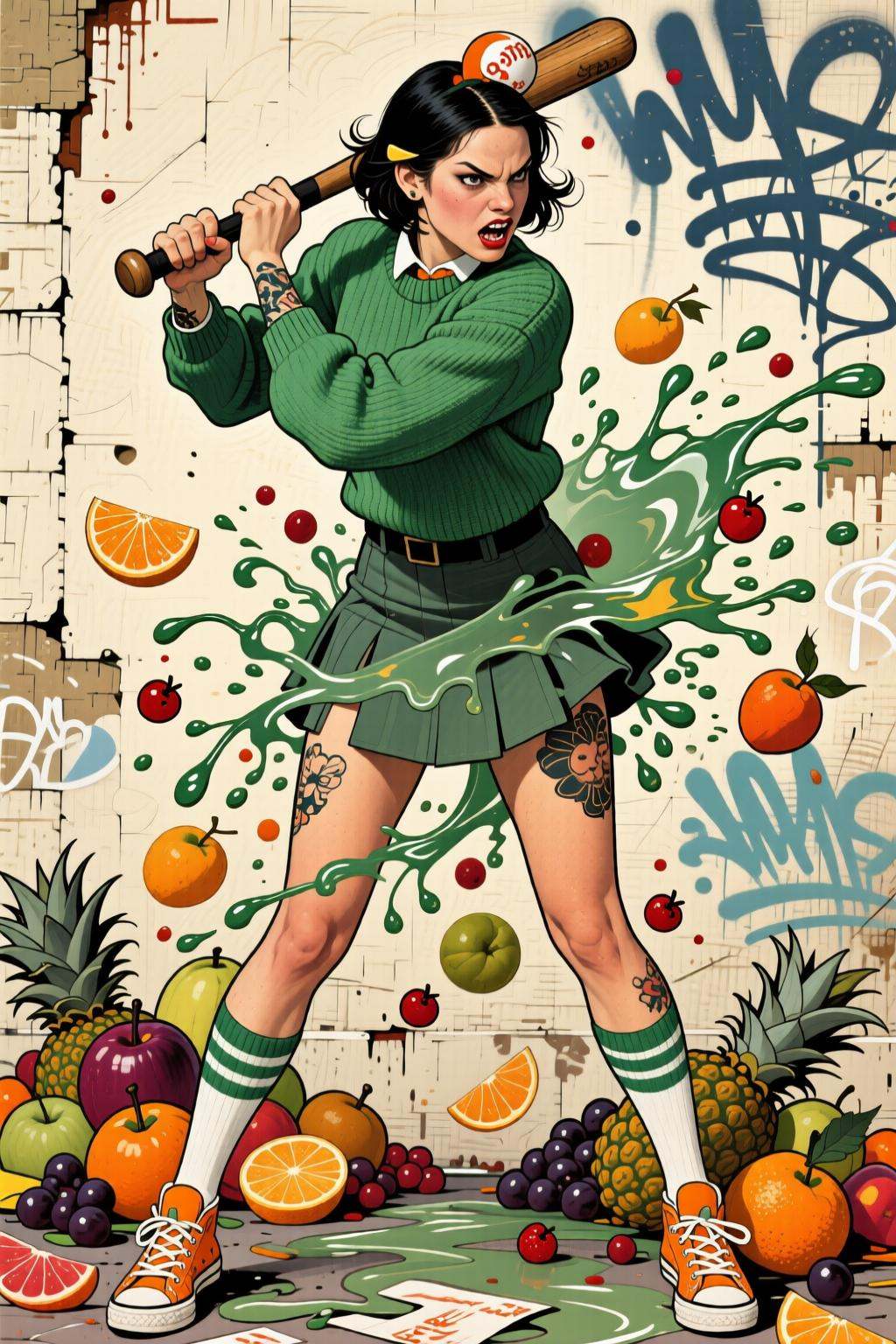 normanrockwell2q illustration. Full body,  liquid splash,  cartoonish juicy fruits chaos on Tensor.Art
