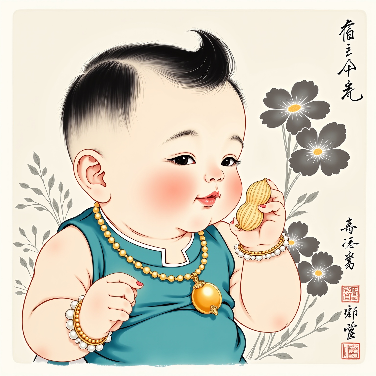 This is a highly detailed, traditional Chinese ink drawing of a chubby baby boy with delicate, expressive features. The baby, positioned slightly to the right, is portrayed in profile, facing the viewer. He has short, dark hair and a round, rosy complexion. The baby is holding a small, beige-colored peanut in his right hand and is about to place it into his mouth. His eyes are half-closed, and he has a gentle, serene expression. The baby is adorned with a turquoise blue, sleeveless top with a high collar, and a golden necklace with a large pendant. He also wears a pearl bracelet on his left wrist. The background features a series of stylized, large, dark flowers with white centers, creating a delicate, abstract pattern. The flowers are outlined with fine black ink and have a soft, misty quality. The background is a light, neutral color, enhancing the contrast with the baby's vibrant blue clothing and the dark flowers. The artwork is framed by traditional Chinese calligraphy in red ink, adding a touch of authenticity and elegance. The overall style is soft, fluid, and graceful, with a traditional Chinese aesthetic.<lora:水墨风-10:1>